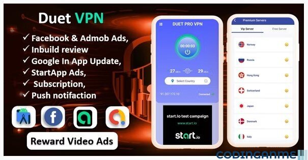 Duet Pro VPN App | Secure VPN App & Fast VPN | Subscription | StartApp Ads | Facebook & Admob Ads