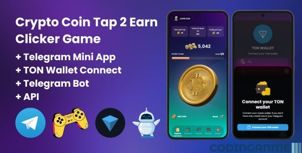 Crypto Coin Tap-2-Earn Clicker Game With Telegram Mini App + API + Bot + TON Wallet Connect